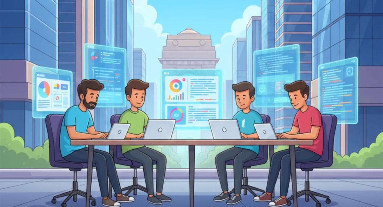 Realistic office scene of mobile app developers in Delhi NCR working on Android and iOS applications.