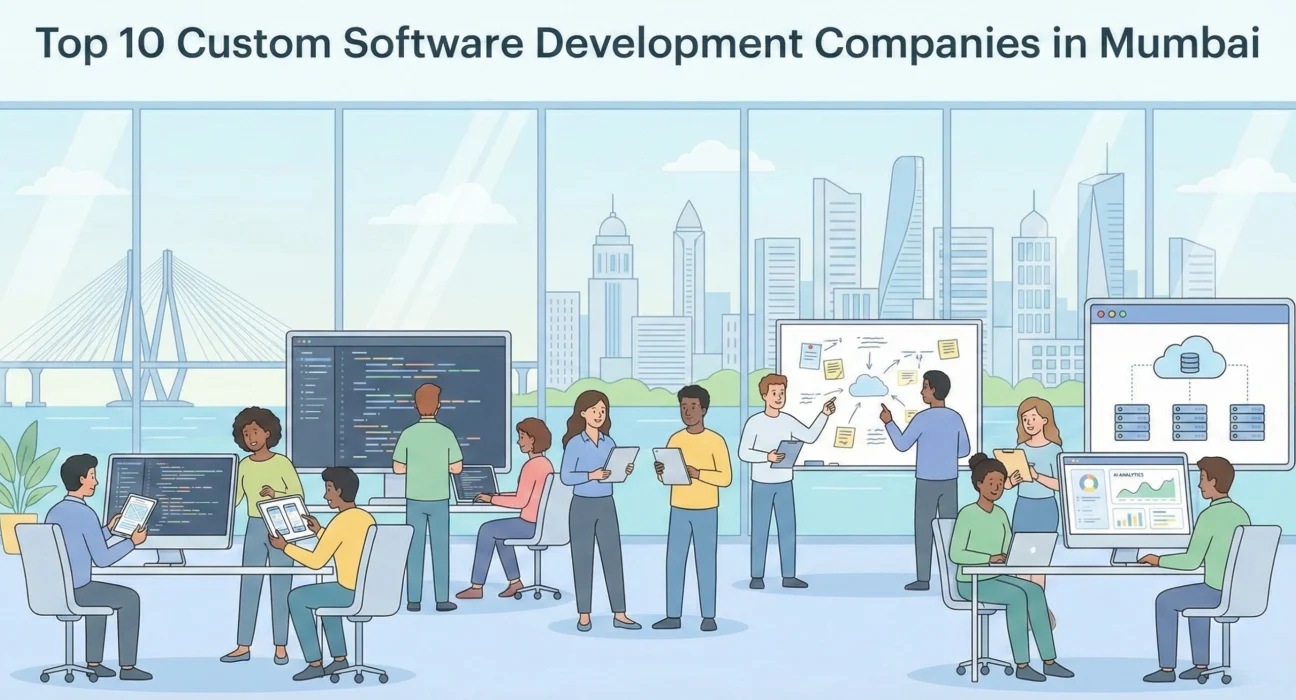 Illustration of a modern software development office in Mumbai with teams collaborating on coding, cloud architecture, and analytics, large screens displaying code and system diagrams, and the Mumbai skyline with the Bandra–Worli Sea Link visible through office windows, representing leading custom software development companies.