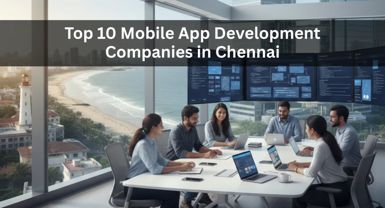 Top 10 mobile app development companies in Chennai with developers collaborating in a modern office overlooking Marina Beach