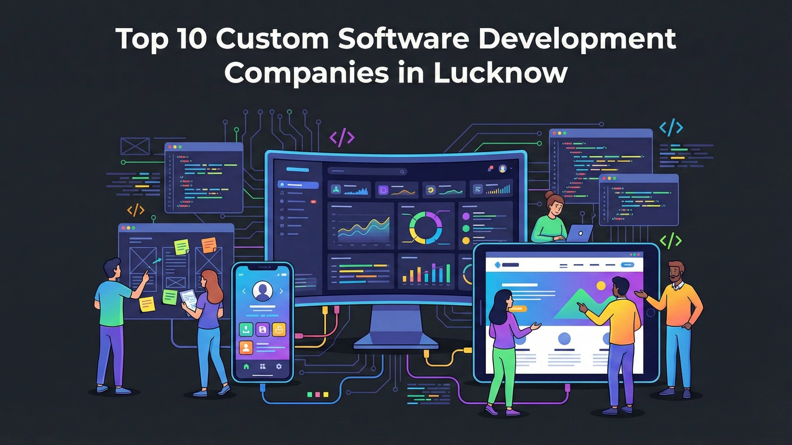 Illustration showing developers and designers collaborating on web and mobile applications, with dashboards, code editors, UI wireframes, and analytics screens connected through digital circuits, representing custom software, web, and mobile app development by leading software companies in Lucknow.