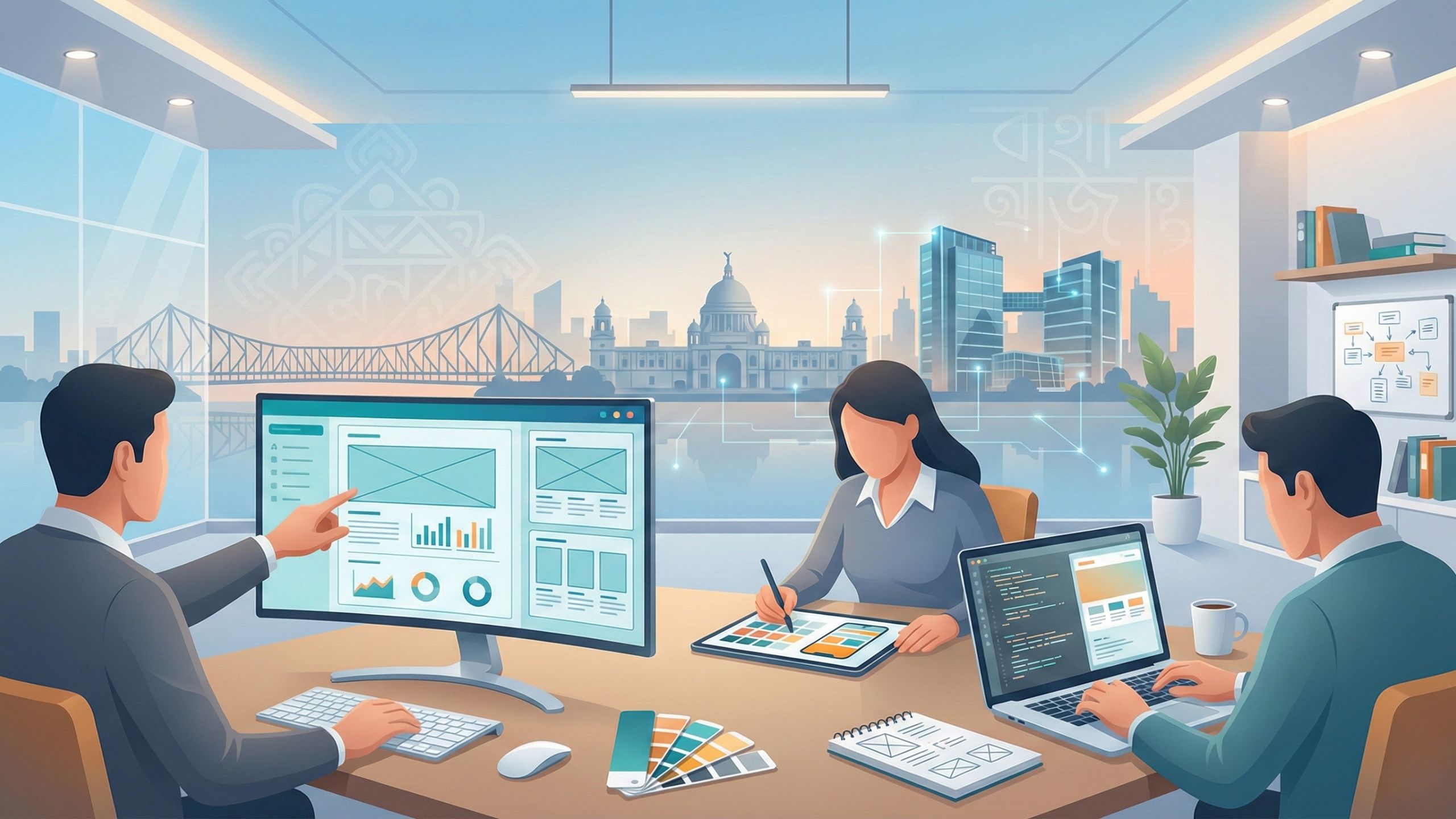 Illustration of a professional web design team collaborating in a modern office with large screens showing wireframes, analytics, and UI layouts, set against a panoramic Kolkata skyline featuring Howrah Bridge, Victoria Memorial, and contemporary tech buildings.