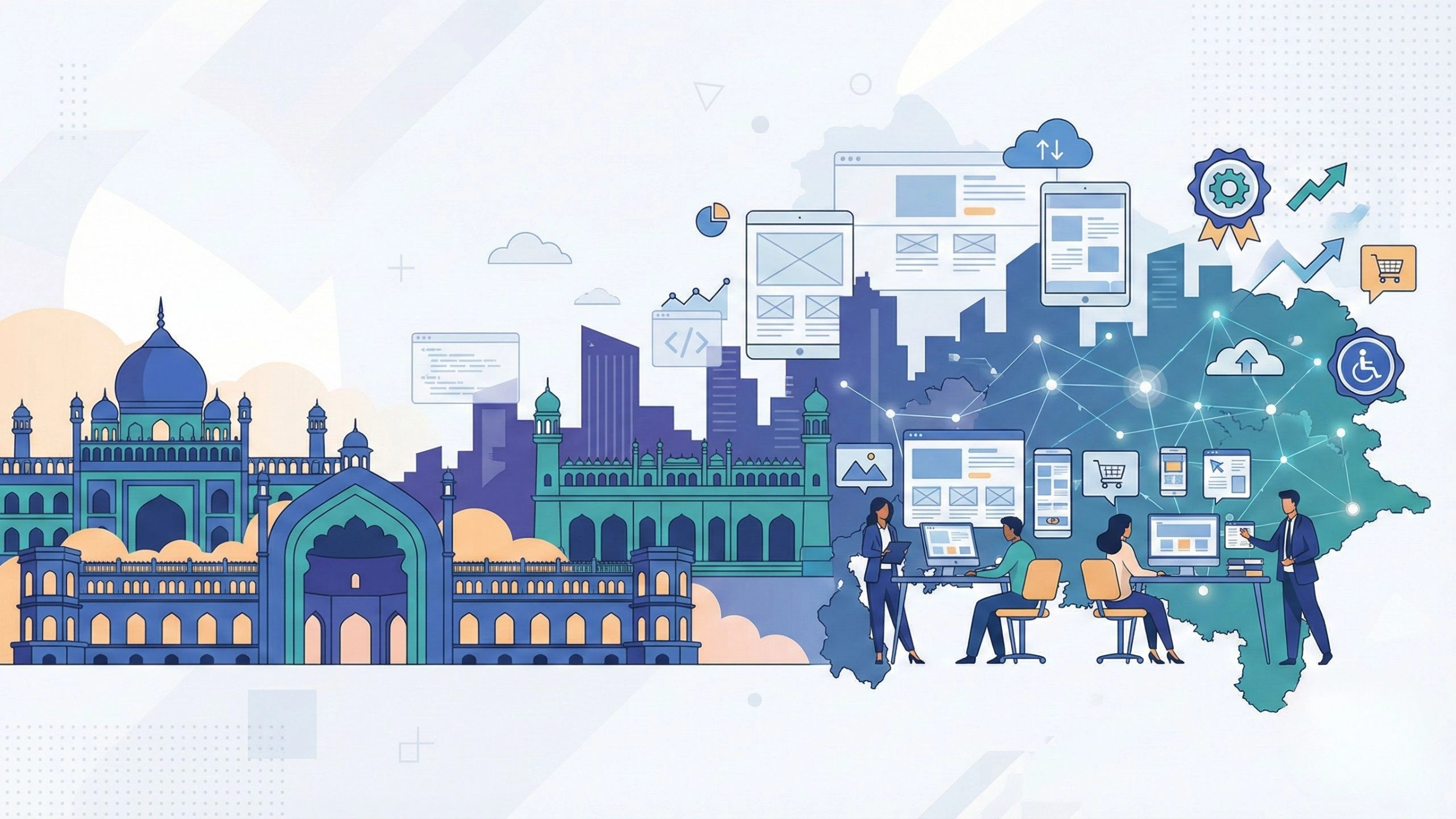 Illustration showing Lucknow’s web design and digital ecosystem with designers and developers building websites, mobile-responsive layouts, e-commerce platforms, and cloud-based solutions, integrated with iconic Lucknow architecture and city skyline, representing top web design companies in Lucknow.