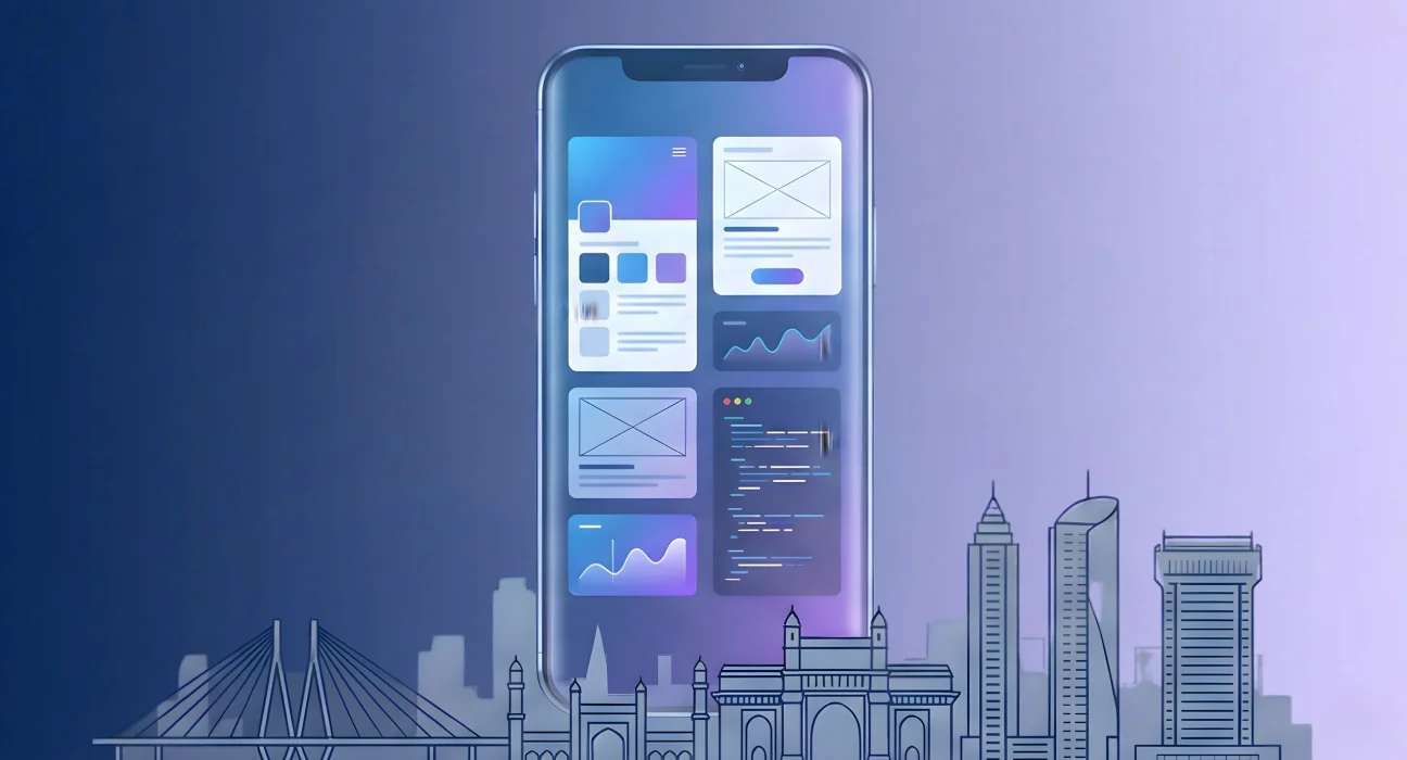Illustration of a smartphone displaying mobile app UI screens and code elements, positioned above the Mumbai skyline with the Bandra–Worli Sea Link and Gateway of India, representing custom mobile app development in Mumbai.
