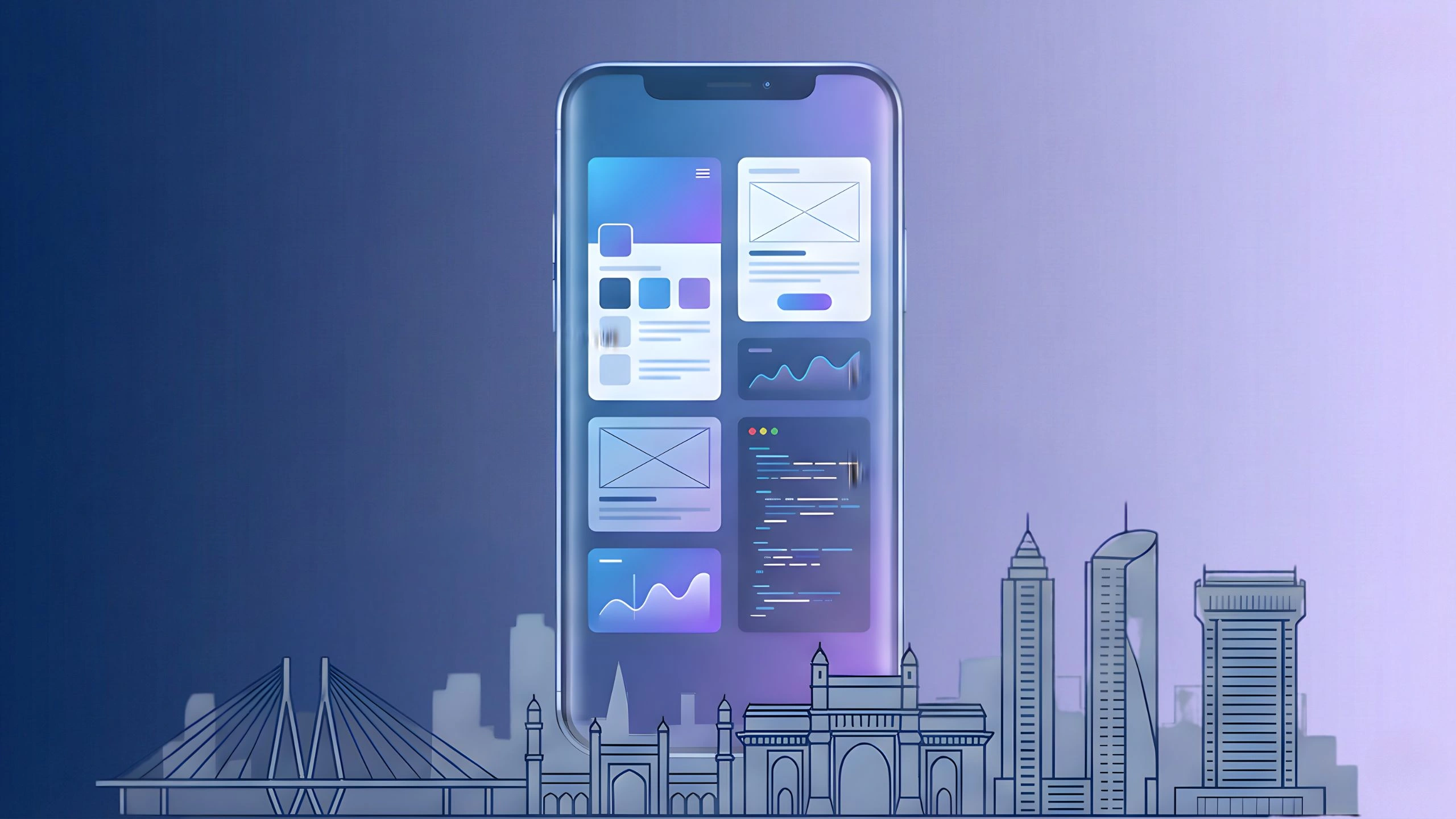 Illustration of a smartphone displaying mobile app UI screens and code elements, positioned above the Mumbai skyline with the Bandra–Worli Sea Link and Gateway of India, representing custom mobile app development in Mumbai.