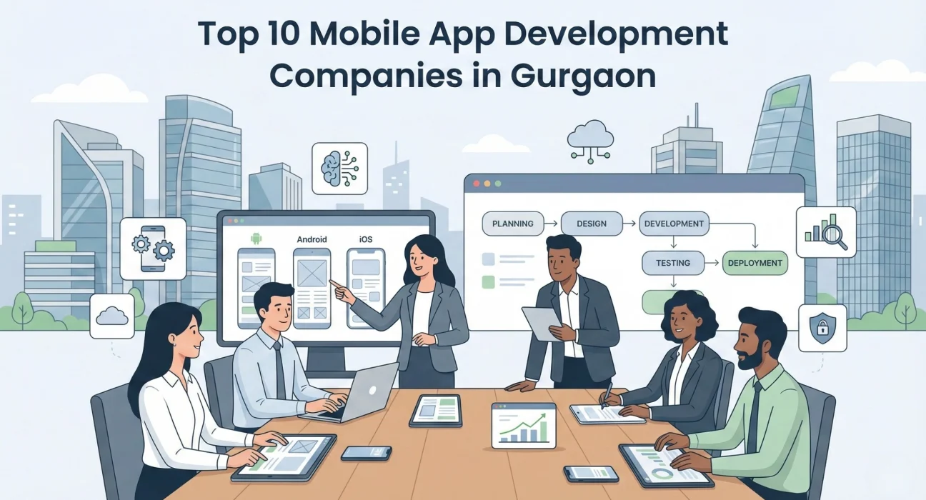 Illustration showing a professional team collaborating on mobile app development in Gurgaon, with Android and iOS app screens, development stages (planning, design, testing, deployment), analytics charts, and a modern corporate city background.
