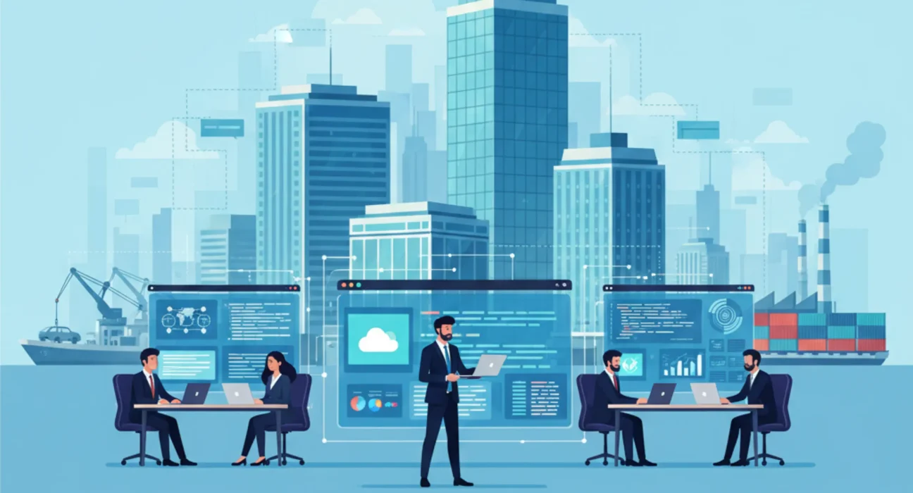 Illustration of Chennai IT skyline with software development teams working on cloud platforms, dashboards, and custom enterprise software solutions.
