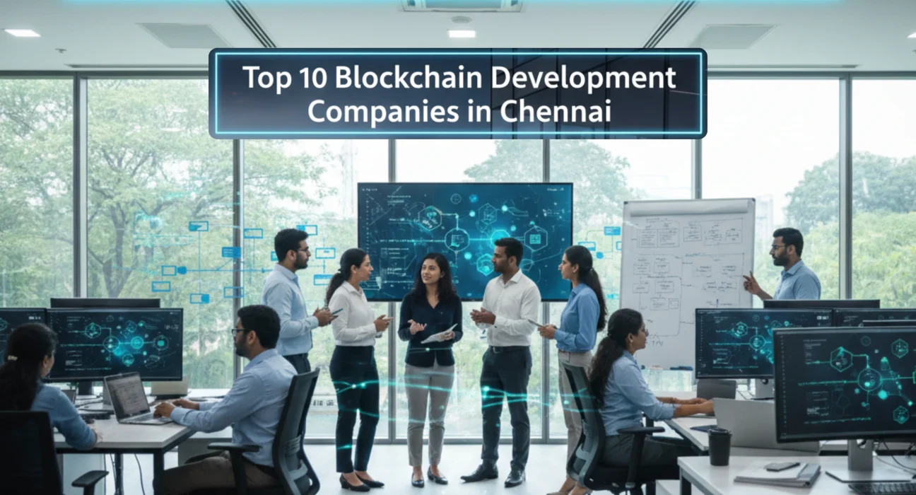 Blockchain development team collaborating in a modern Chennai office, with smart contract dashboards, decentralised network visuals, and enterprise technology systems.
