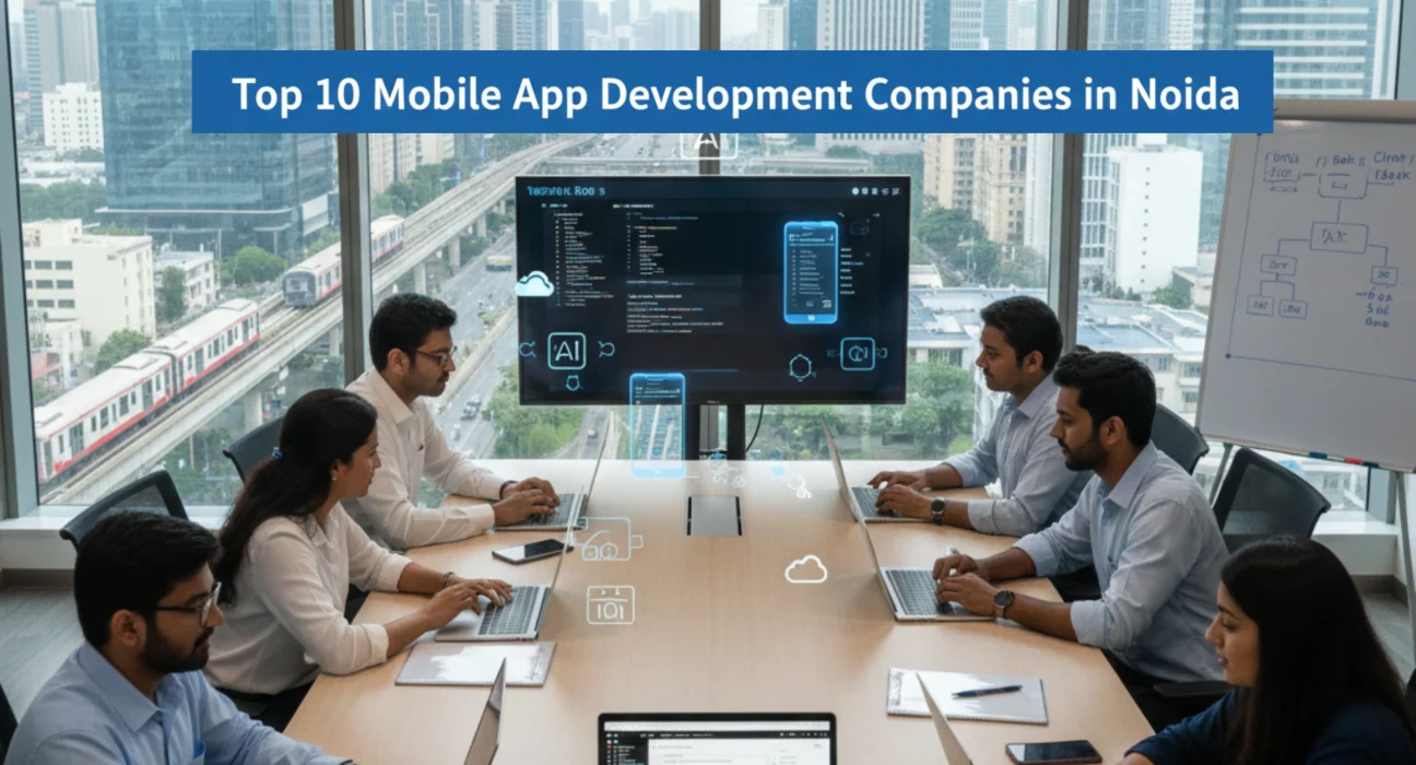 Mobile app developers in a modern Noida office collaborating on Android and iOS applications with Noida Metro and IT skyline in the background.