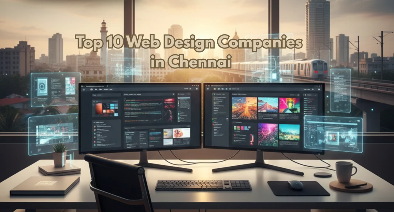 Modern dual-monitor web design workspace with coding screens, UI/UX elements, and a Chennai city skyline in the background.