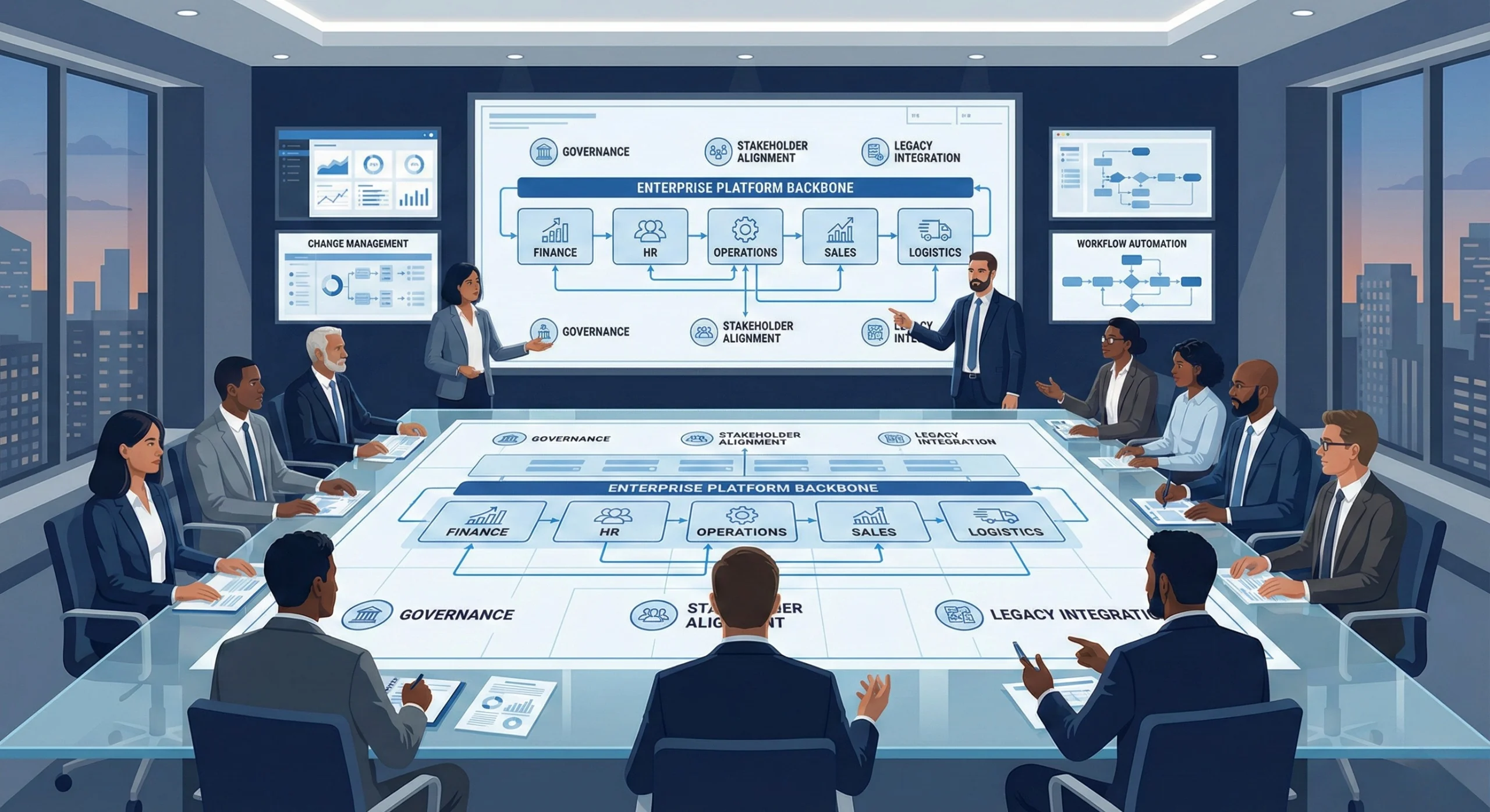 Enterprise executives and technology teams collaborating to build a horizontal platform that integrates finance, operations, sales, and HR.