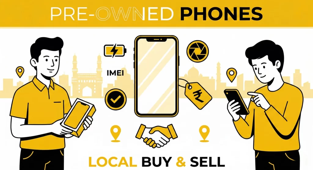 Pre owned smartphones in Hyderabad displayed for sale including iPhone Samsung OnePlus models