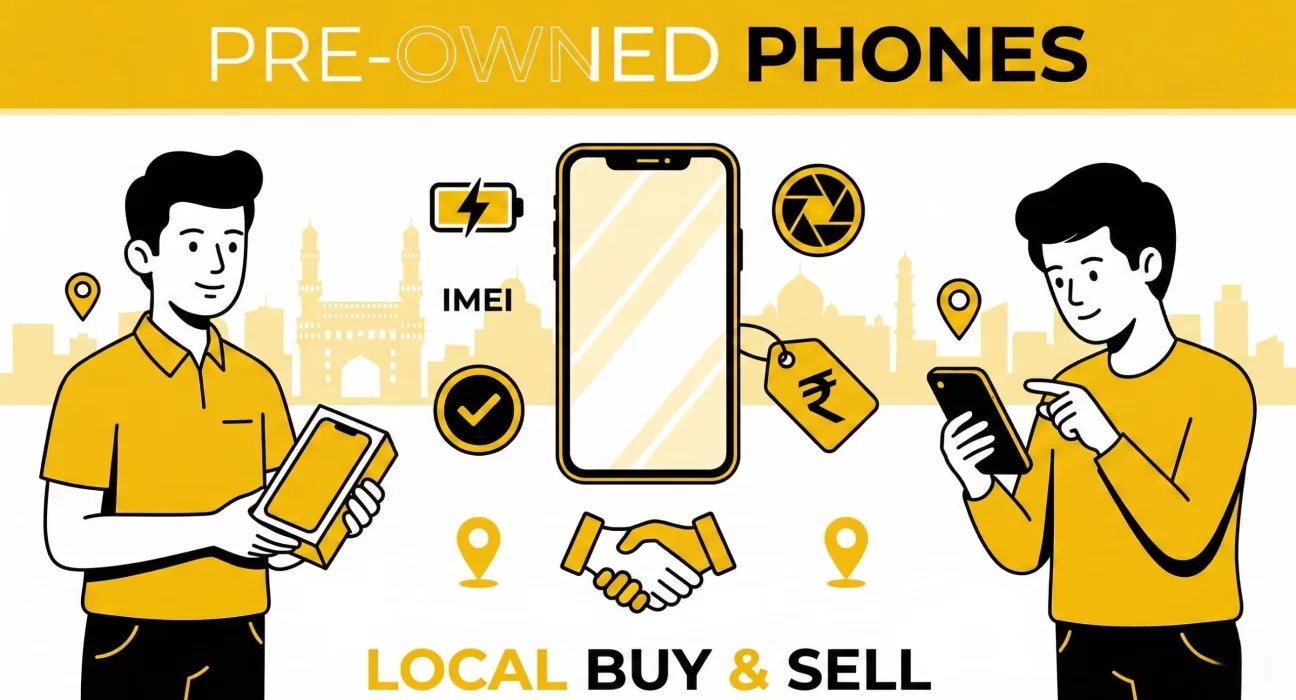 Pre owned smartphones in Hyderabad displayed for sale including iPhone Samsung OnePlus models